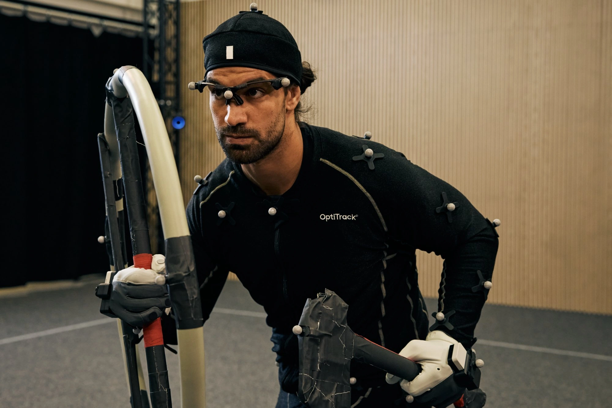 Motion capture performer close-up with headset