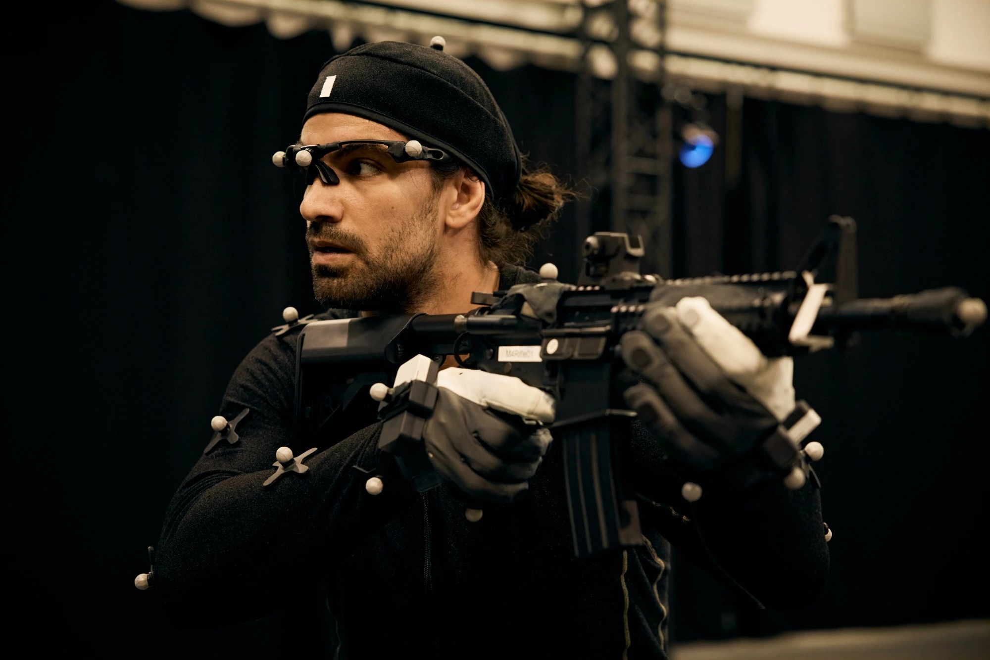 Motion capture performer mid-air jump