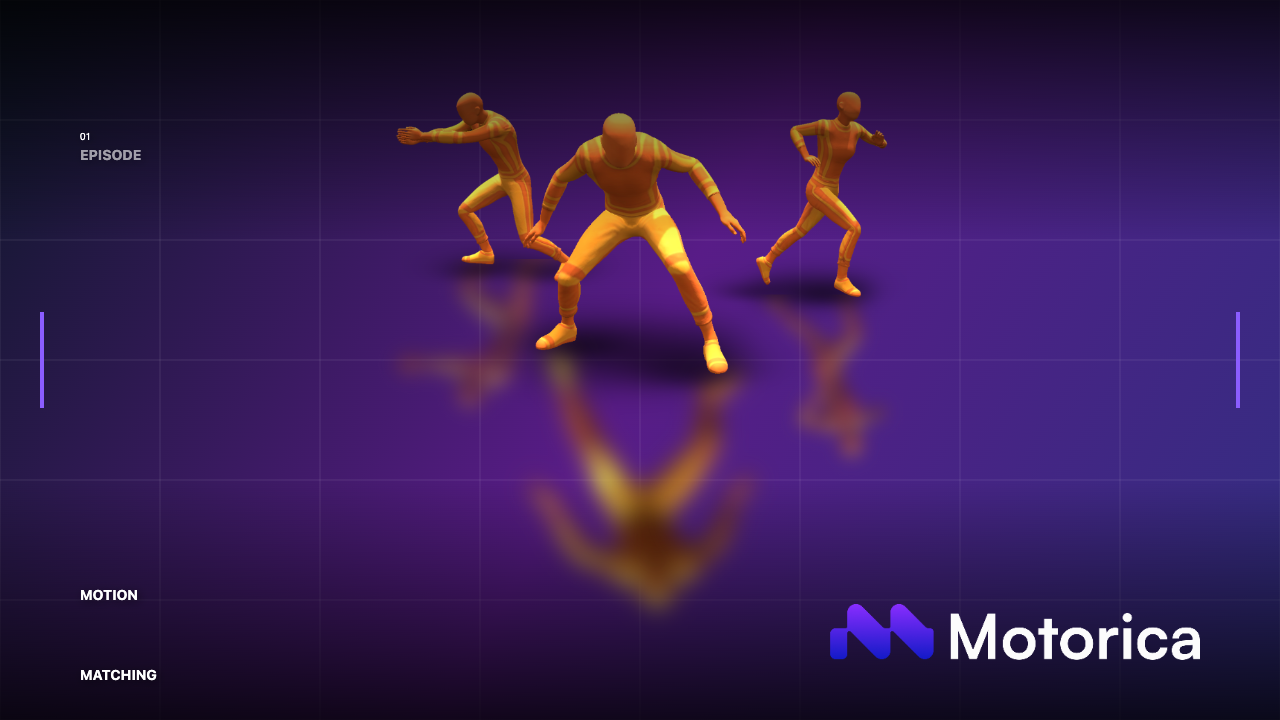 Motorica Motion Matching — three animated characters on a purple background